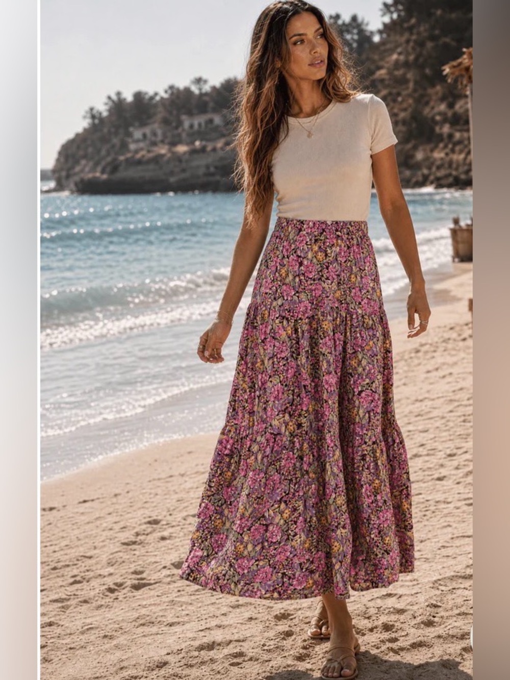 0252.  💙Floral Tiered Maxi Skirt in Pink